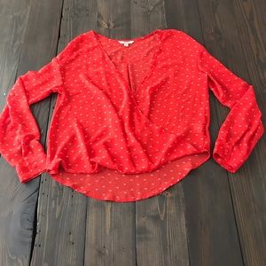 Red printed faux wrap blouse L